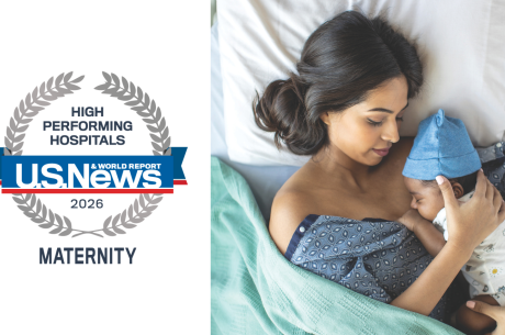 U.S. News &amp; World Report badge alongside picture of a mother and baby