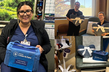 a healthcare team holds blankets and care kits