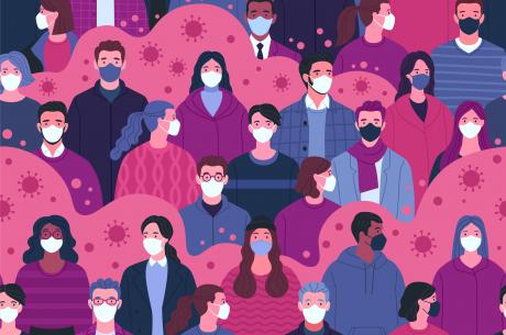 graphic of people wearing masks surrounded by covid-19 as they walk around